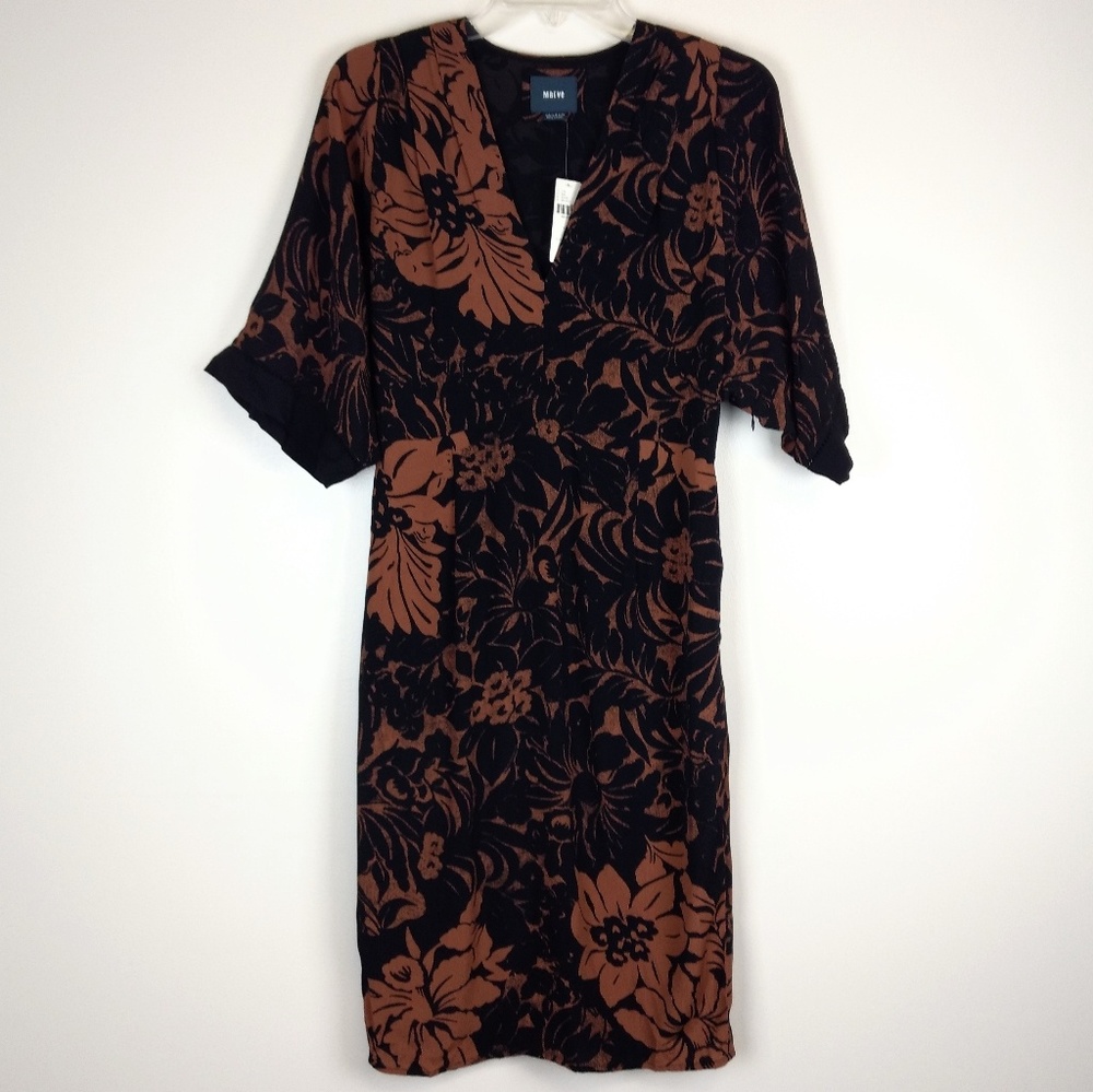 Anthropologie Black and Brown Floral V-Neck Midi Dress